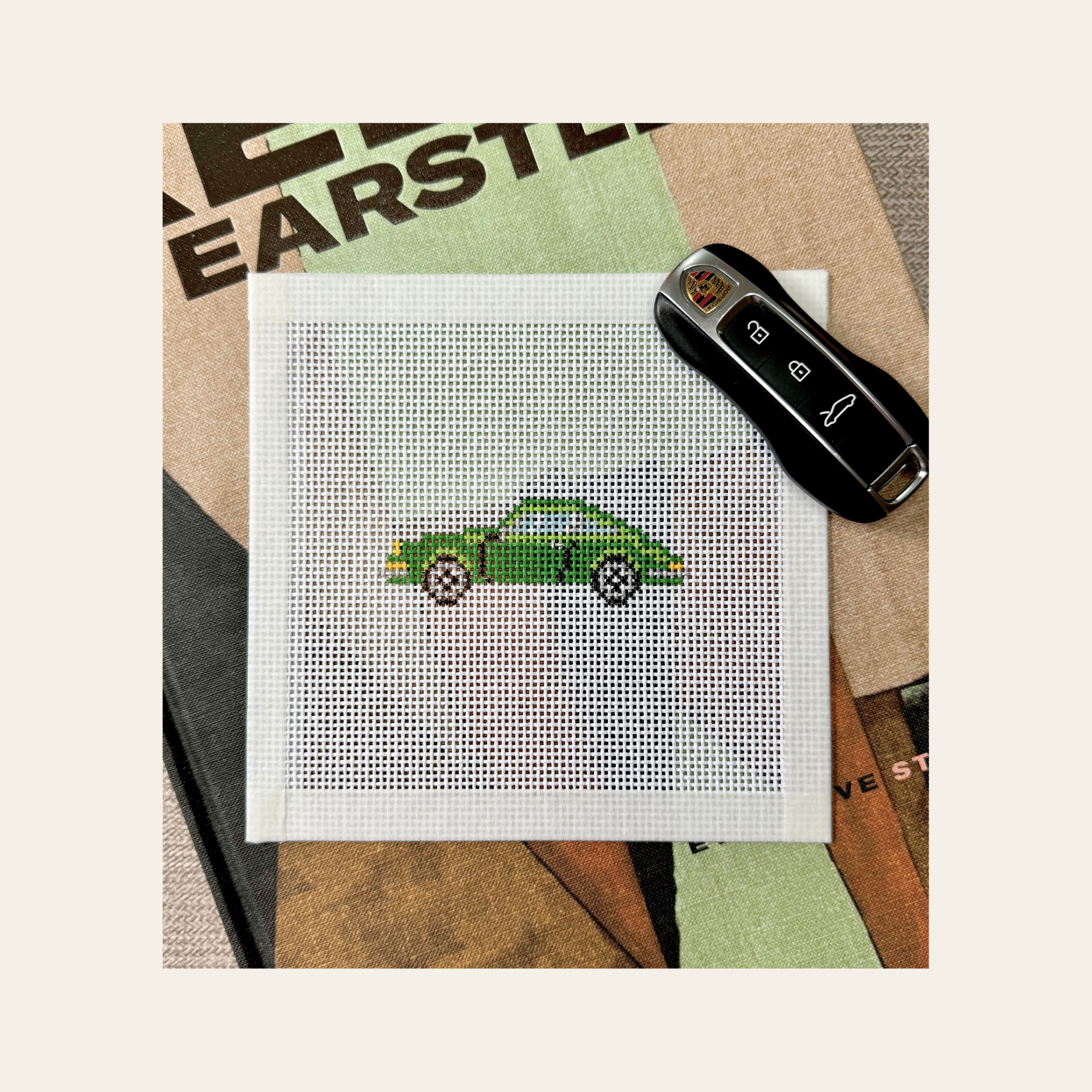 Vintage Green Porsche 911 - Stitch Painted Needlepoint Canvas